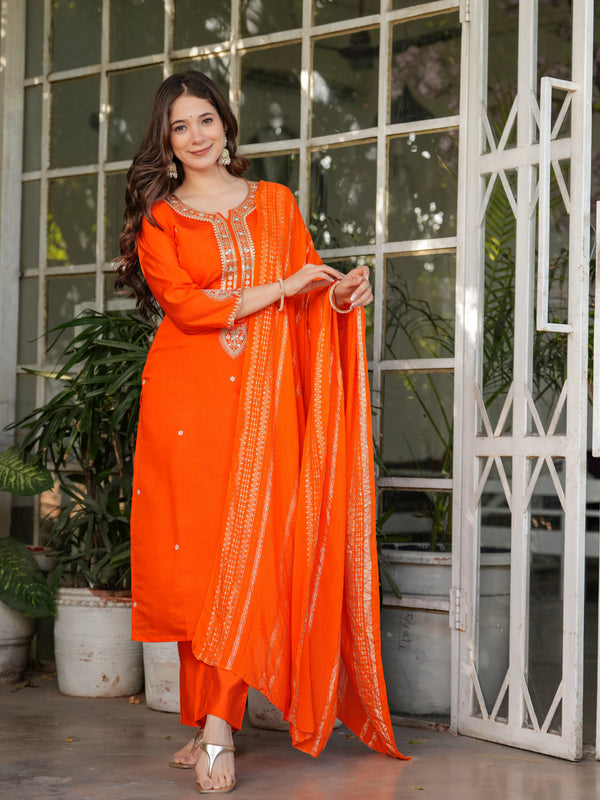 Viscose Chanderi With Embroidery Kurti Pant Set With Dupatta