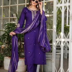 Viscose Chanderi With Embroidery Kurti Pant Set With Dupatta