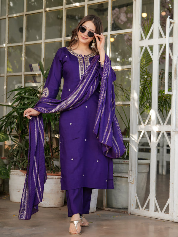 Viscose Chanderi With Embroidery Kurti Pant Set With Dupatta