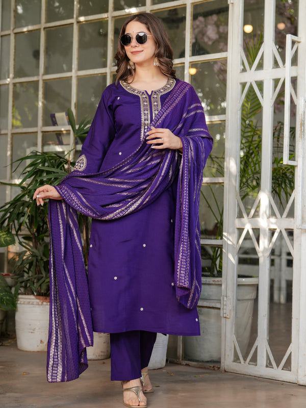 Viscose Chanderi With Embroidery Kurti Pant Set With Dupatta
