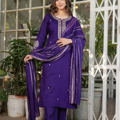 Viscose Chanderi With Embroidery Kurti Pant Set With Dupatta
