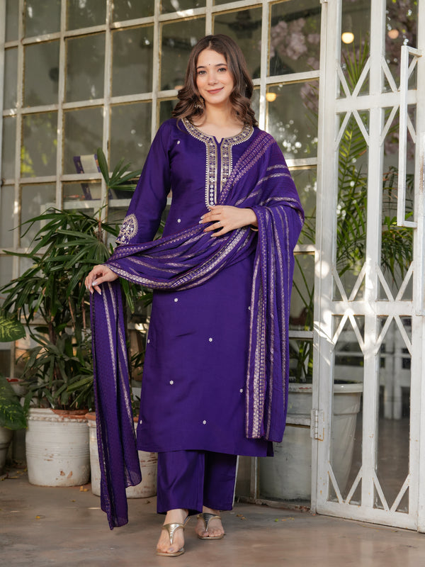 Viscose Chanderi With Embroidery Kurti Pant Set With Dupatta