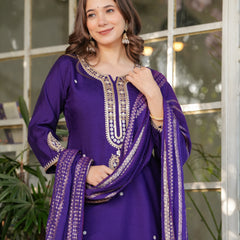 Viscose Chanderi With Embroidery Kurti Pant Set With Dupatta