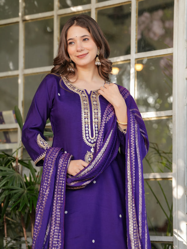 Viscose Chanderi With Embroidery Kurti Pant Set With Dupatta