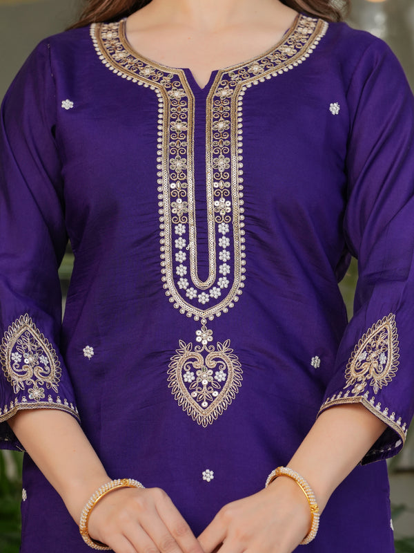 Viscose Chanderi With Embroidery Kurti Pant Set With Dupatta