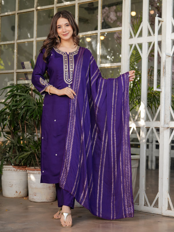 Viscose Chanderi With Embroidery Kurti Pant Set With Dupatta