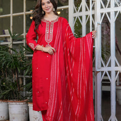 Viscose Chanderi With Embroidery Kurti Pant Set With Dupatta