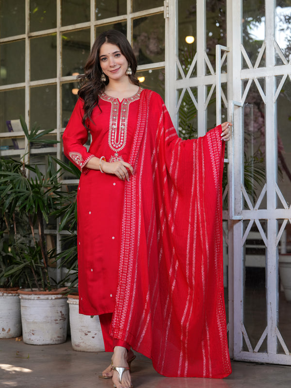Viscose Chanderi With Embroidery Kurti Pant Set With Dupatta