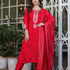 Viscose Chanderi With Embroidery Kurti Pant Set With Dupatta