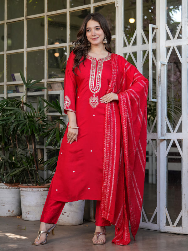 Viscose Chanderi With Embroidery Kurti Pant Set With Dupatta