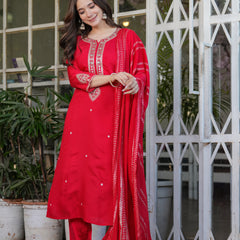 Viscose Chanderi With Embroidery Kurti Pant Set With Dupatta