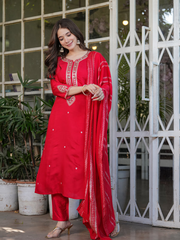 Viscose Chanderi With Embroidery Kurti Pant Set With Dupatta