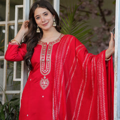 Viscose Chanderi With Embroidery Kurti Pant Set With Dupatta