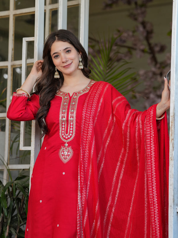 Viscose Chanderi With Embroidery Kurti Pant Set With Dupatta