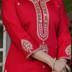 Viscose Chanderi With Embroidery Kurti Pant Set With Dupatta