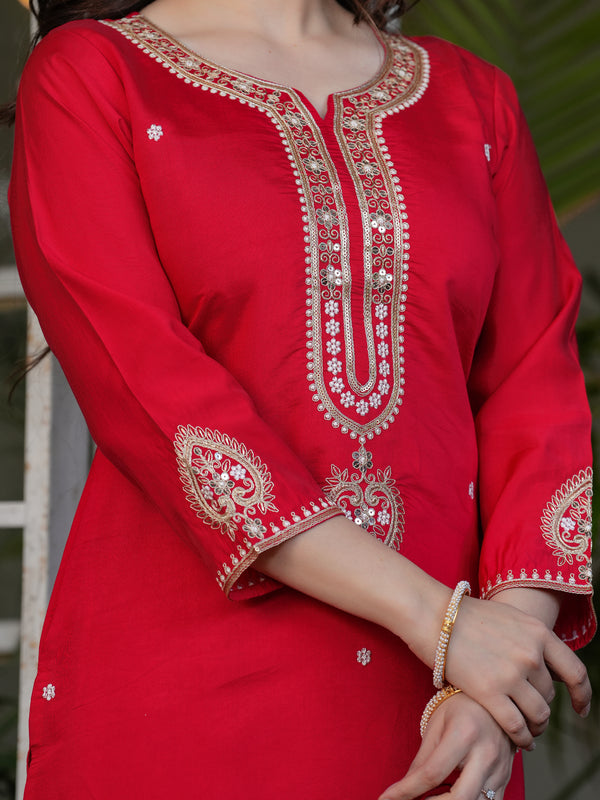 Viscose Chanderi With Embroidery Kurti Pant Set With Dupatta