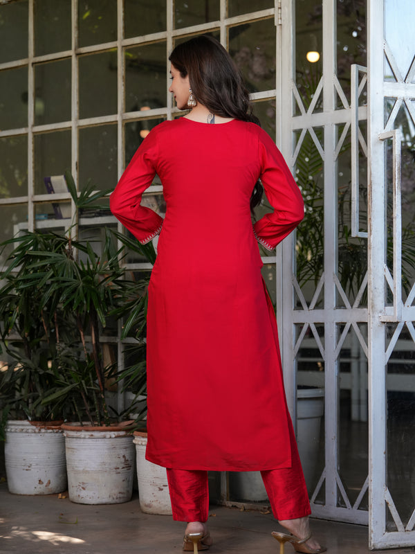 Viscose Chanderi With Embroidery Kurti Pant Set With Dupatta