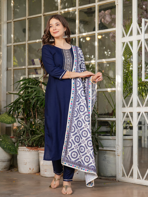 Rayon With Embroidery Kurti Pant Set With Dupatta