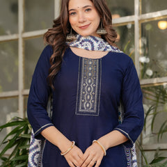 Rayon With Embroidery Kurti Pant Set With Dupatta