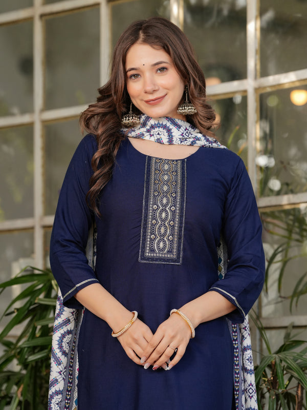 Rayon With Embroidery Kurti Pant Set With Dupatta