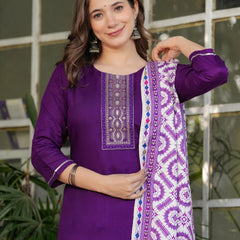Rayon With Embroidery Kurti Pant Set With Dupatta