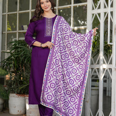 Rayon With Embroidery Kurti Pant Set With Dupatta