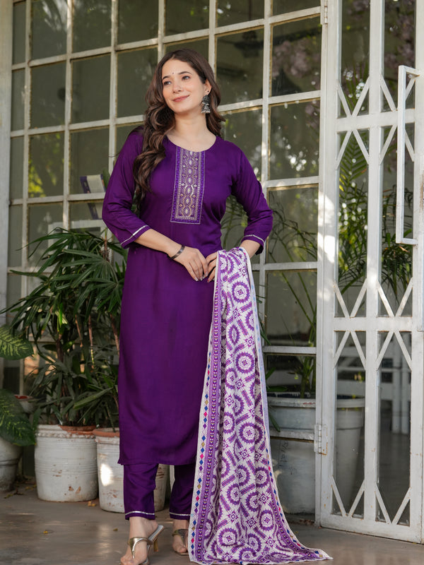 Rayon With Embroidery Kurti Pant Set With Dupatta