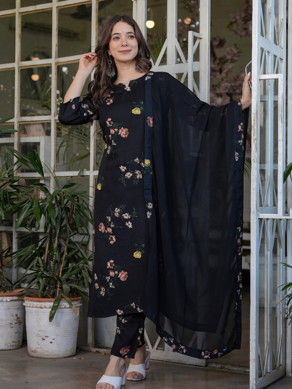 Silk Blend With Print Kurti Pant Set With Dupatta