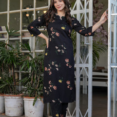 Silk Blend With Print Kurti Pant Set With Dupatta