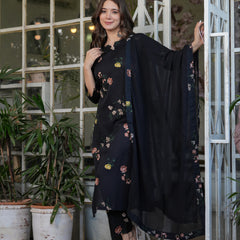 Silk Blend With Print Kurti Pant Set With Dupatta
