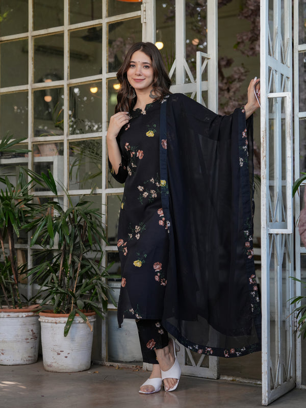 Silk Blend With Print Kurti Pant Set With Dupatta