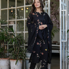 Silk Blend With Print Kurti Pant Set With Dupatta