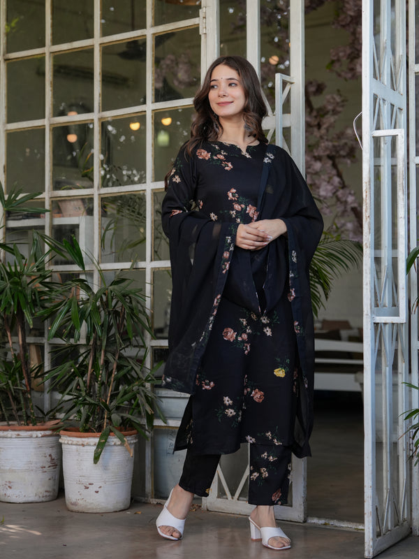 Silk Blend With Print Kurti Pant Set With Dupatta