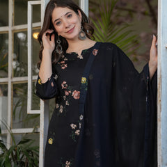 Silk Blend With Print Kurti Pant Set With Dupatta
