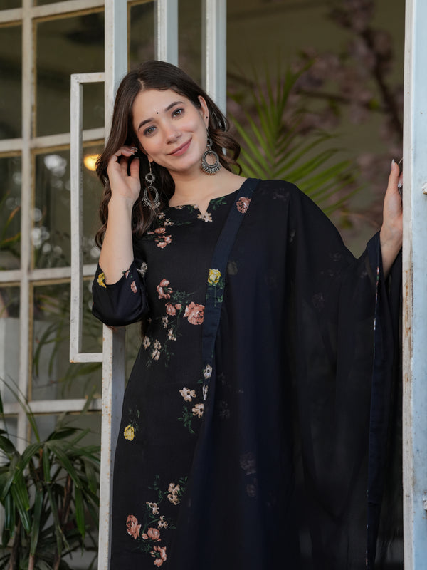 Silk Blend With Print Kurti Pant Set With Dupatta