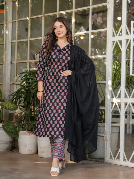Pure Cotton With Print Kurti Pant Set With Dupatta