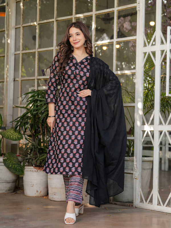 Pure Cotton With Print Kurti Pant Set With Dupatta