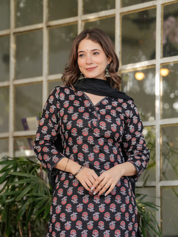 Pure Cotton With Print Kurti Pant Set With Dupatta