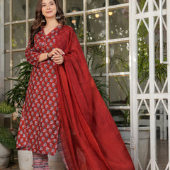 Pure Cotton With Print Kurti Pant Set With Dupatta