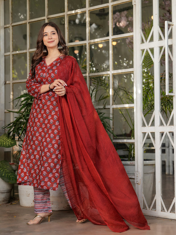 Pure Cotton With Print Kurti Pant Set With Dupatta