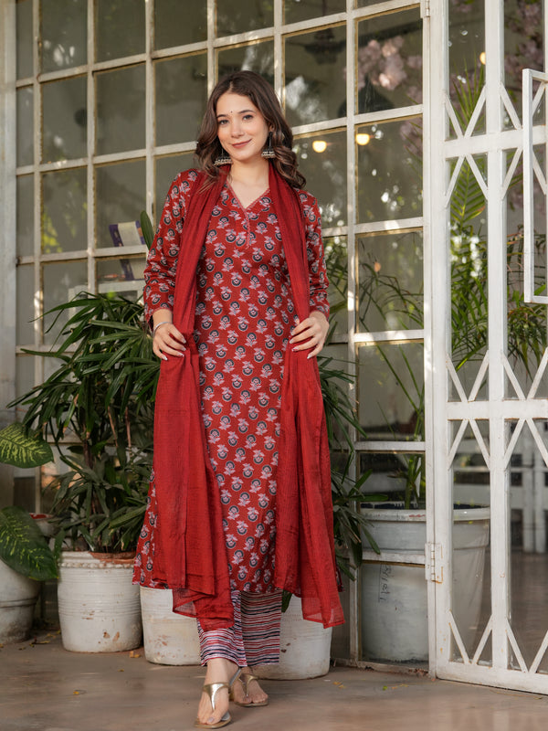 Pure Cotton With Print Kurti Pant Set With Dupatta