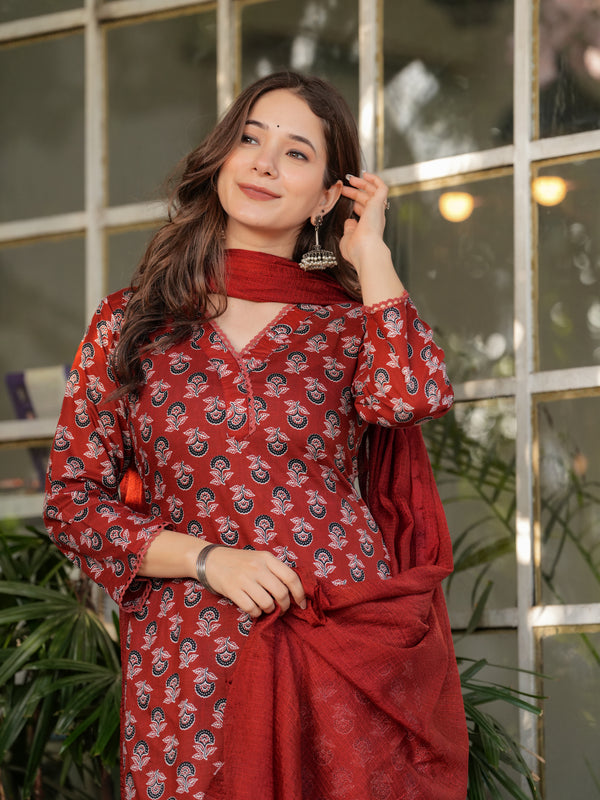 Pure Cotton With Print Kurti Pant Set With Dupatta