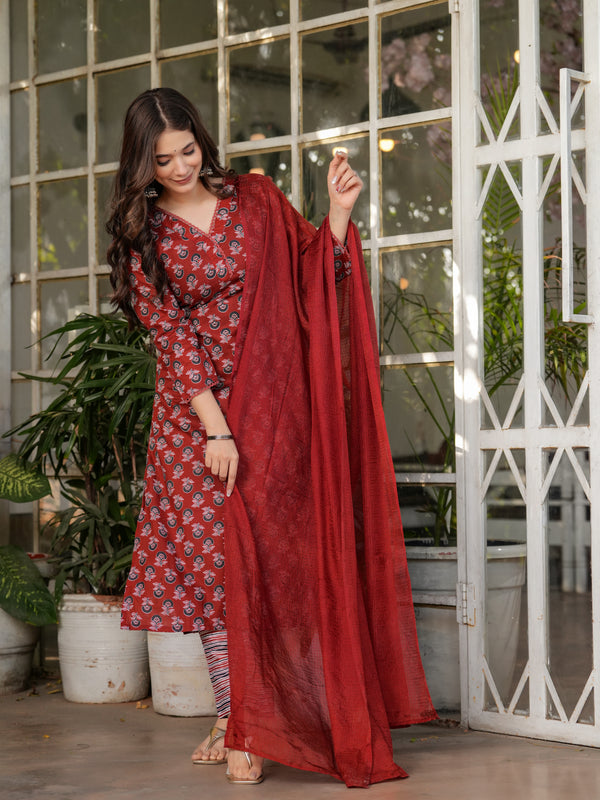 Pure Cotton With Print Kurti Pant Set With Dupatta