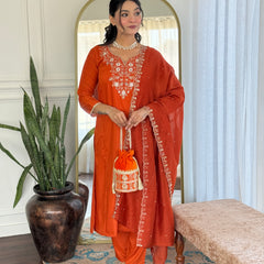 Viscose Chinon With Embroidery Kurti Pant Set With Dupatta