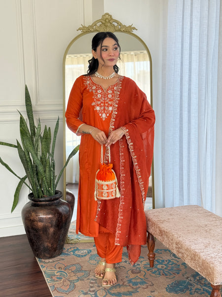 Viscose Chinon With Embroidery Kurti Pant Set With Dupatta
