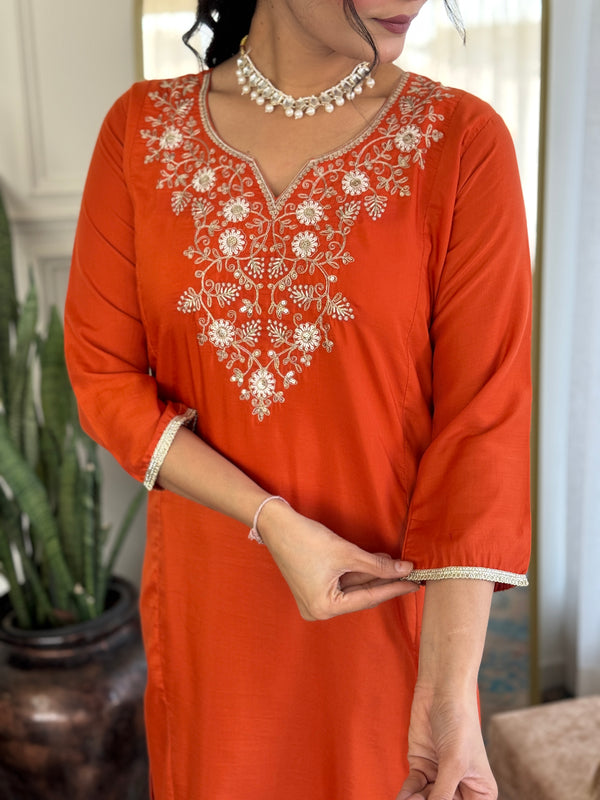 Viscose Chinon With Embroidery Kurti Pant Set With Dupatta