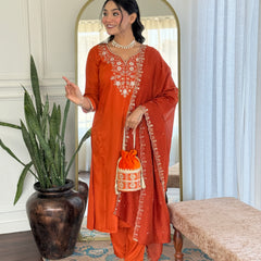 Viscose Chinon With Embroidery Kurti Pant Set With Dupatta