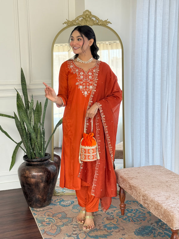 Viscose Chinon With Embroidery Kurti Pant Set With Dupatta