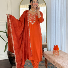 Viscose Chinon With Embroidery Kurti Pant Set With Dupatta