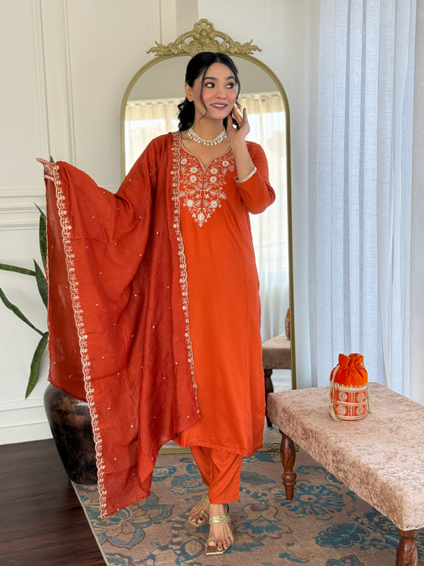 Viscose Chinon With Embroidery Kurti Pant Set With Dupatta